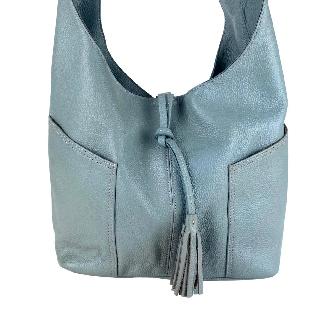 LAGGO Havana Hobo Shoulder Bag Blue Pebbled Leather Fringe Nice Large Size